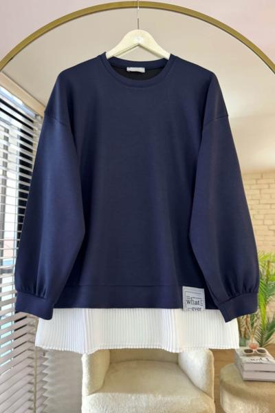 Eteği Piliseli Oversize Tunik Lacivert