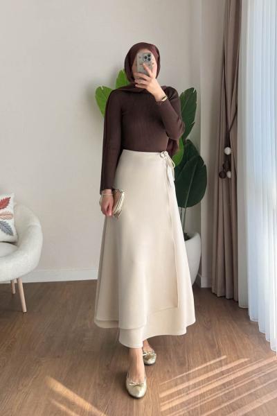 Bağlamalı Scuba Etek Bej