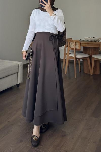 Bağlamalı Scuba Etek Kahverengi