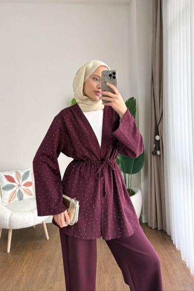 Taşlı Modal İkili Takım Bordo