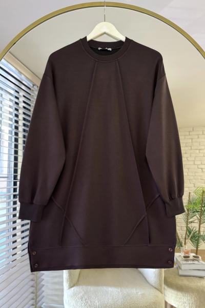 Düğme Detaylı Çımalı Tunik Kahverengi