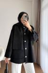 Atkılı Tüylü Kaşe Ceket Siyah