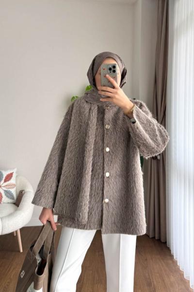 Atkılı Tüylü Kaşe Ceket Sütlü Kahve