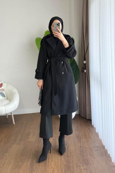 Omuz Apoletli Kaşe Kaban  Siyah