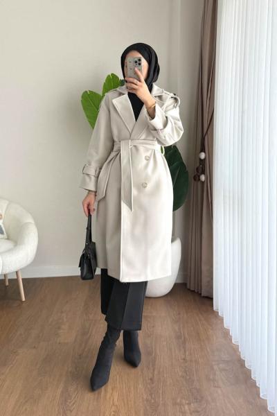 Omuz Apoletli Kaşe Kaban  Krem