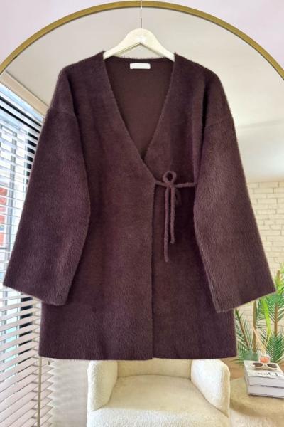 Yandan Bağcıklı Sakallı Triko Hırka  Kahverengi