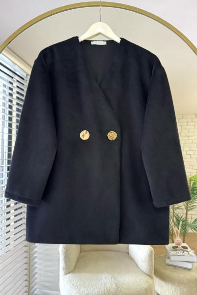 Gold Düğmeli Kaşe Ceket Siyah