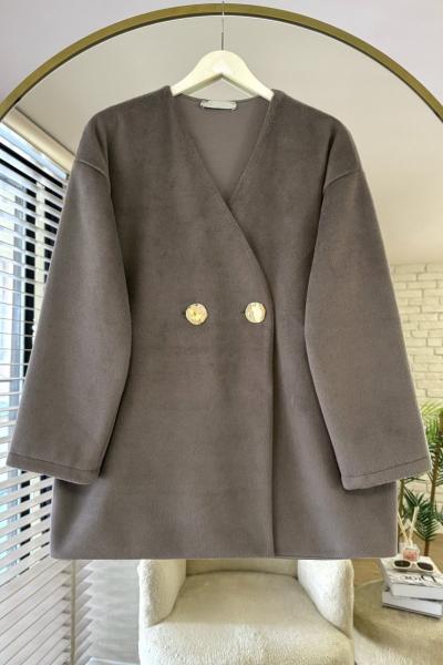 Gold Düğmeli Kaşe Ceket Vizon