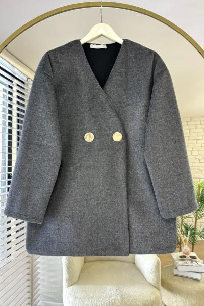 Gold Düğmeli Kaşe Ceket Füme