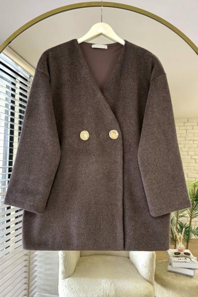 Gold Düğmeli Kaşe Ceket Kahverengi