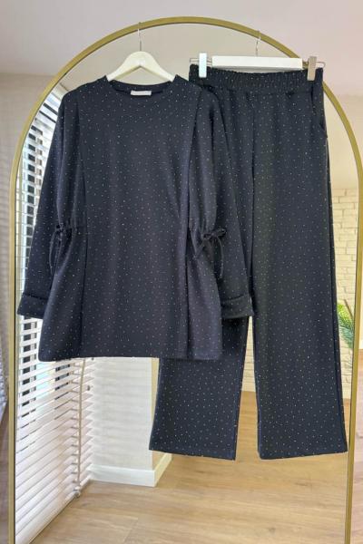 Yanları Büzgülü Taş Baskılı Takım Füme