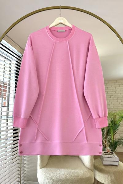 Düğme Detaylı Çımalı Tunik Pembe
