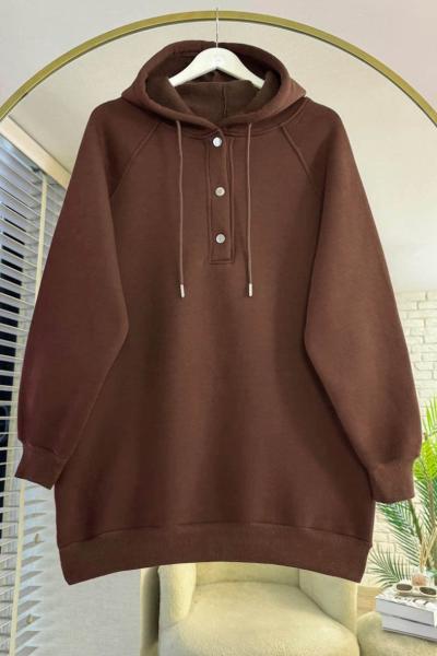 Patı Çıtçıtlı Kapüşonlu Sweathirt Kahverengi