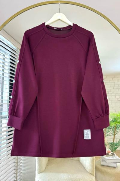 Kolları Düğme Detaylı Çımalı Tunik Bordo