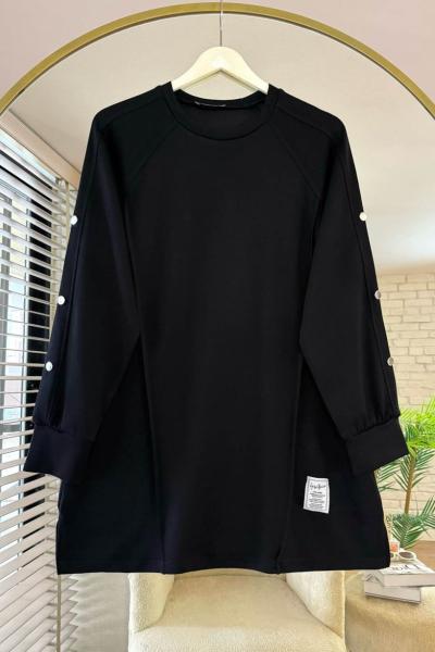 Kolları Düğme Detaylı Çımalı Tunik Siyah