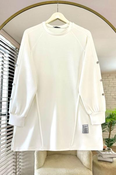 Kolları Düğme Detaylı Çımalı Tunik Ekru