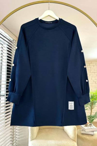 Kolları Düğme Detaylı Çımalı Tunik Lacivert