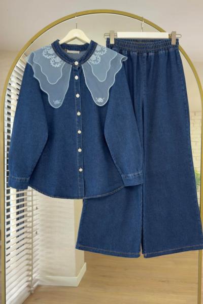 Tül Yakalı Kot Takım Lacivert