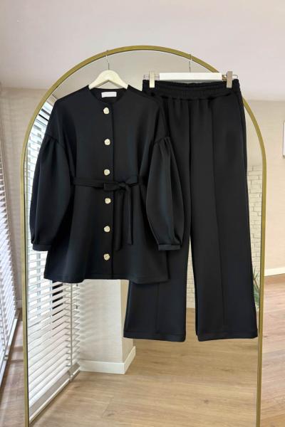 Kolları Pileli Scuba Takım Siyah