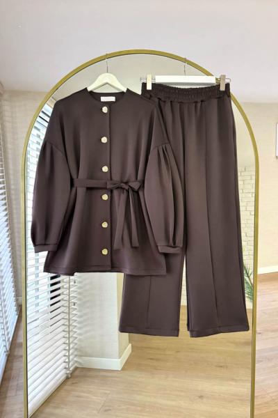 Kolları Pileli Scuba Takım Kahverengi