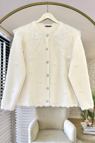 Dantel Yaka Angora Hırka Ekru
