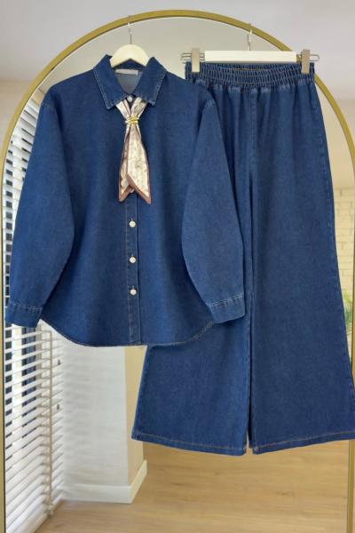 Fularlı Kot Takım Açık Lacivert