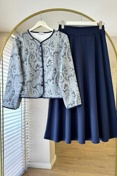 Etnik Desenli Etekli Takım Lacivert