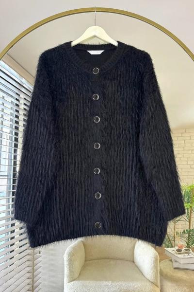 Bisiklet Yaka Sakallı Hırka Siyah