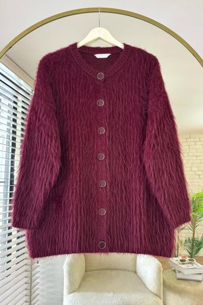 Bisiklet Yaka Sakallı Hırka Bordo