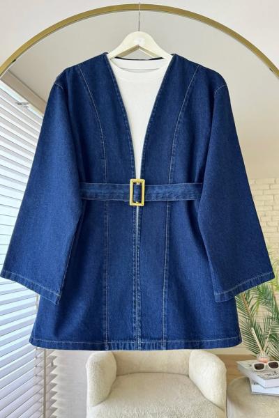 Gold Kemerli Kot Ceket Lacivert