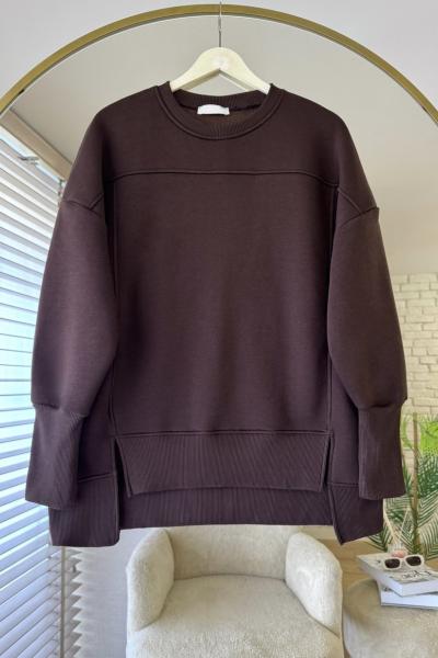 Önü Yırtmaçlı Parçalı Sweatshirt Kahverengi