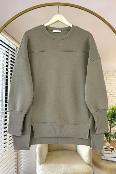 Önü Yırtmaçlı Parçalı Sweatshirt Yeşil