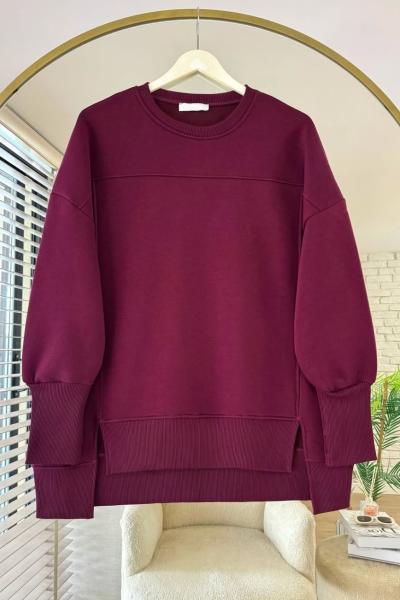 Önü Yırtmaçlı Parçalı Sweatshirt Bordo