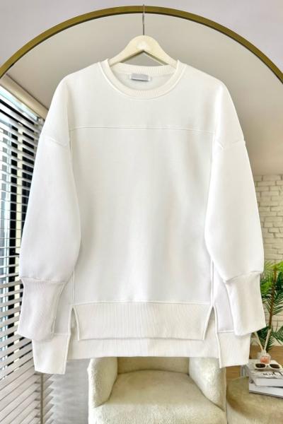 Önü Yırtmaçlı Parçalı Sweatshirt Ekru