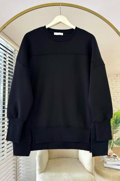 Önü Yırtmaçlı Parçalı Sweatshirt Siyah