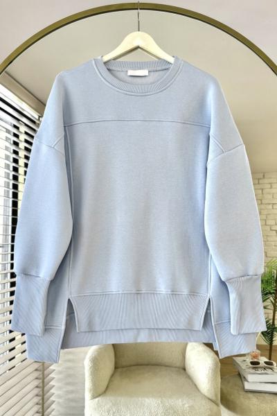 Önü Yırtmaçlı Parçalı Sweatshirt Mavi