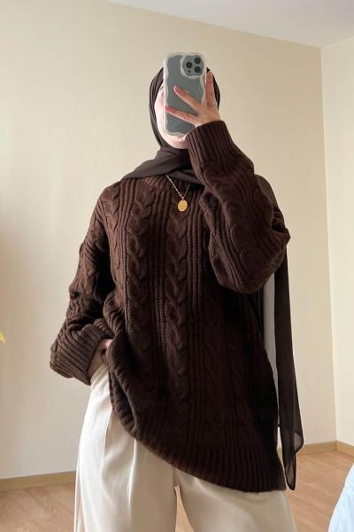 Saç Örgü İpek Kazak Kahverengi