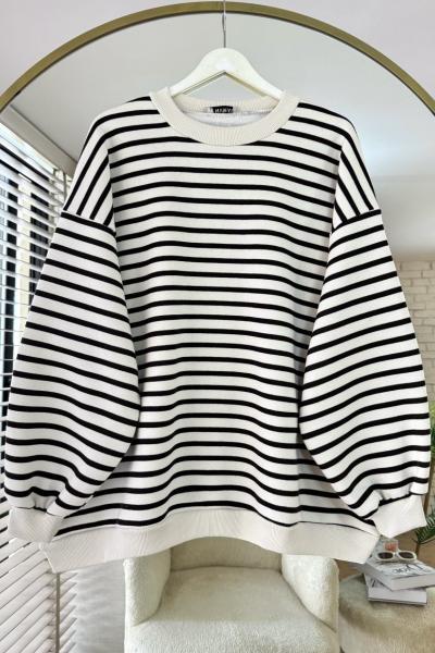 Çizgili Oversize Sweatshirt Kahverengi