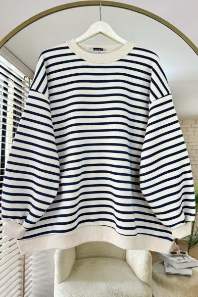 Çizgili Oversize Sweatshirt Lacivert