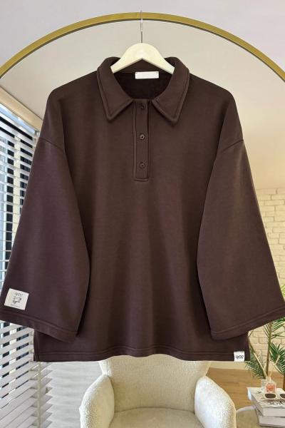 Polo Yaka Armalı Sweatshirt Kahverengi