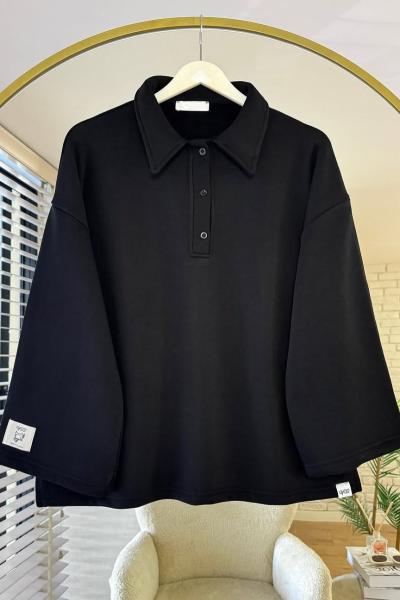 Polo Yaka Armalı Sweatshirt Siyah