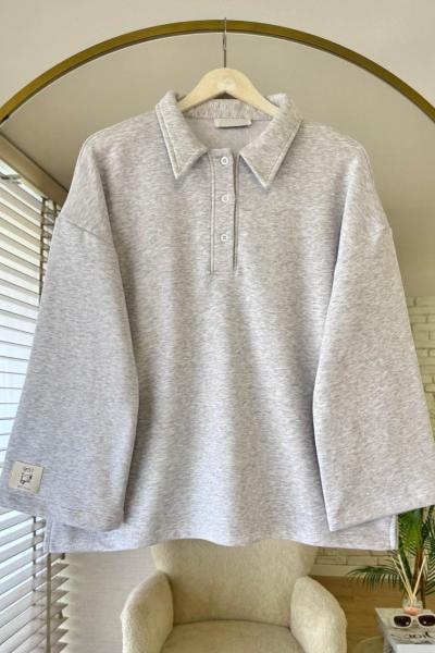 Polo Yaka Armalı Sweatshirt Gri Melanj