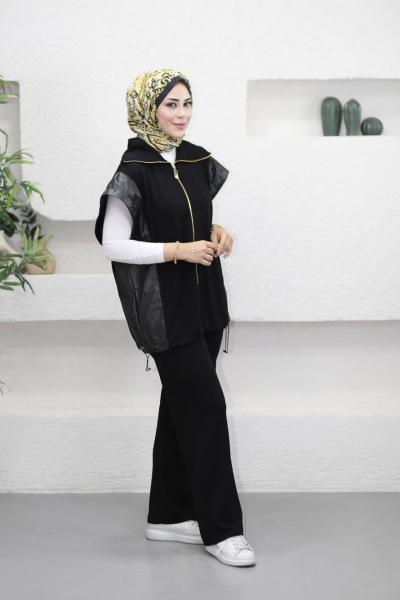 Paraşut Garnili Yelek-Pantolon Takım Siyah