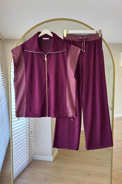 Paraşut Garnili Yelek-Pantolon Takım Bordo