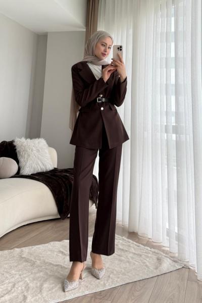 Kemerli Double Ceketli Takım Kahverengi