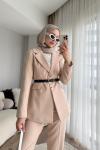 Kemerli Double Ceketli Takım Bej