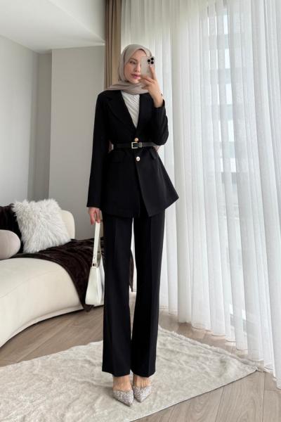 Kemerli Double Ceketli Takım Siyah