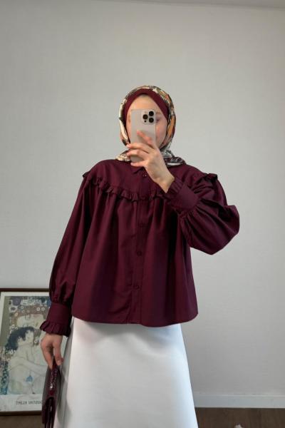 Fırfırlı Kısa Gömlek Bordo