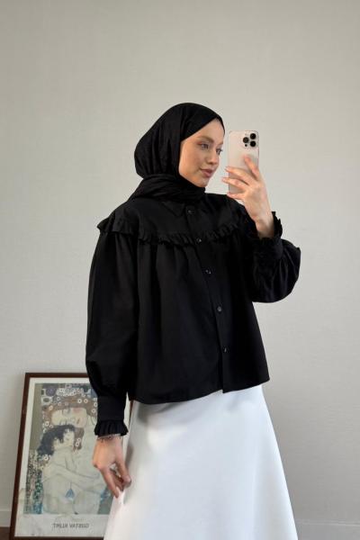 Fırfırlı Kısa Gömlek Siyah