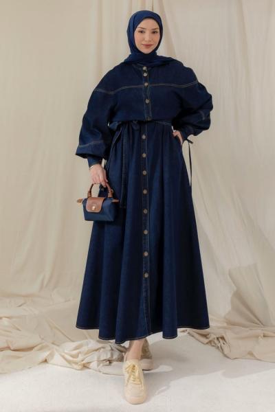 Boydan Düğmeli Denim Elbise Lacivert